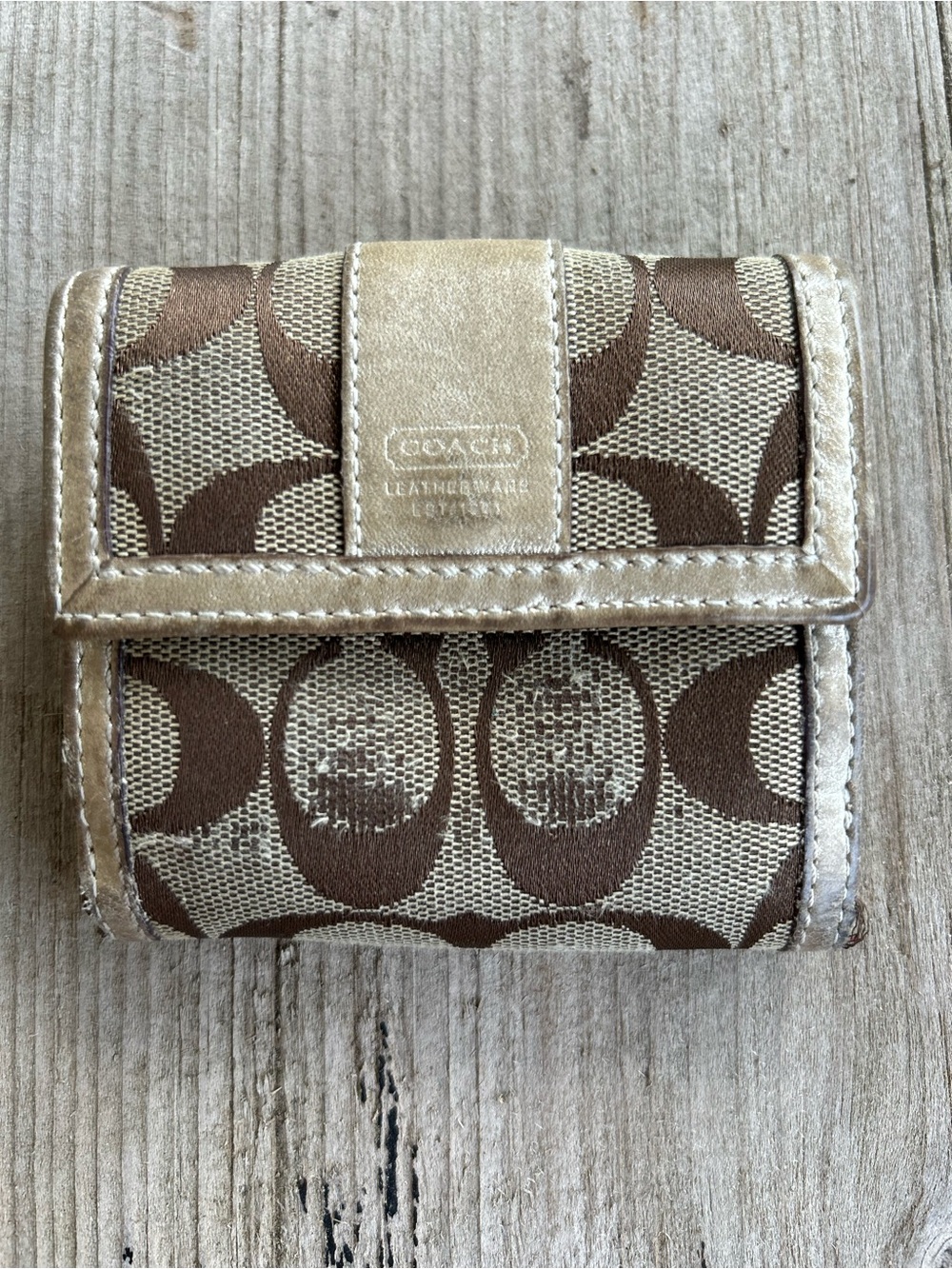 Coach Signature Canvas Small Wallet Classic Beige/Brown Mono with Metallic Trim